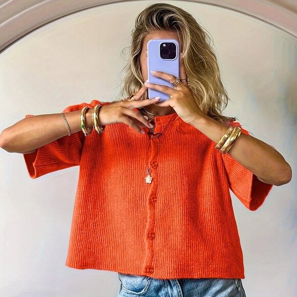 Orange Casual Womens Knitted Front Button short-Sleeved sweater Cardigan - Picture 2 of 5